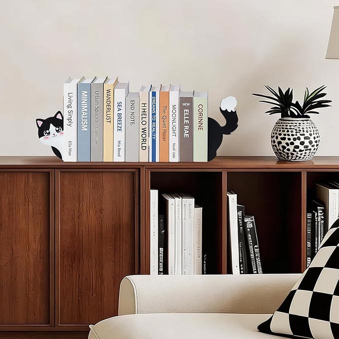 Cats Metal Bookends, Cute Book Ends, Antiskid Decorative Bookends for Shelves, Office, School, Library, Bedroom(Black and White)