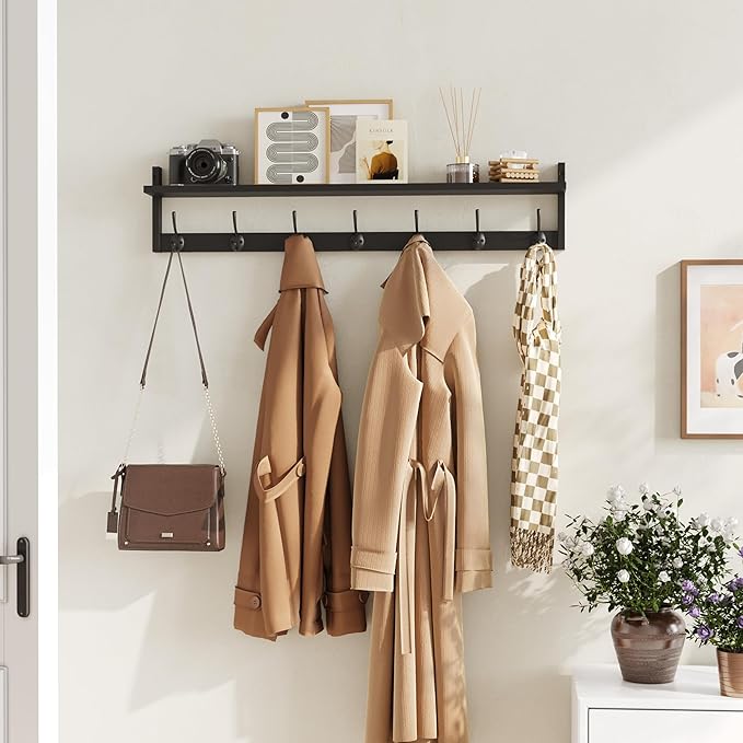 BAMEOS Wall Hooks with Shelf 35 Inch Length Entryway Hanging Shelf Wood Coat Hooks Wall-Mounted Coat Hook Rack with 7 Dual Hooks for Bathroom, Living Room, Bedroom (Black)