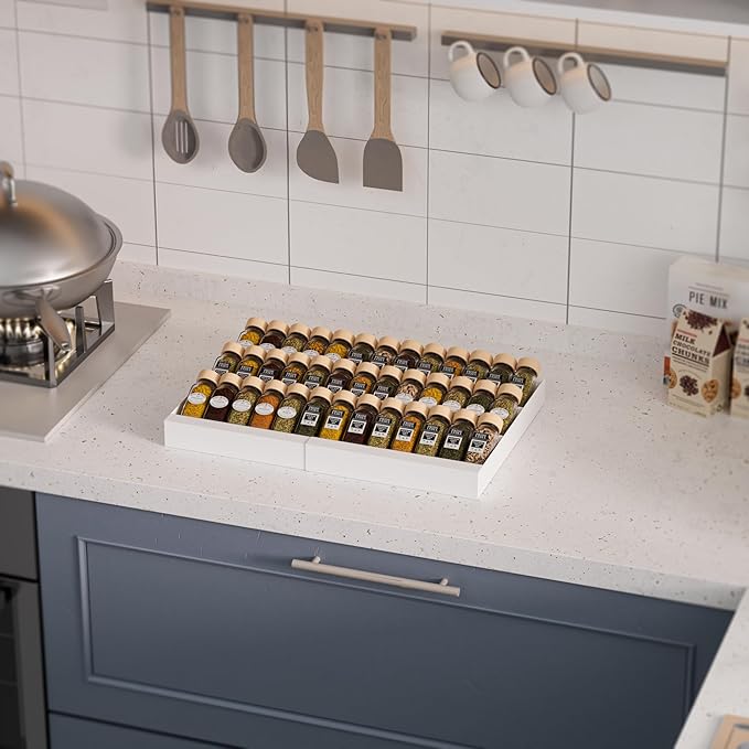 Expandable Metal Spice Drawer Organizer,3-Tier,Slanted Seasoning Jars Tray for Kitchen Cabinet Drawers Insert/Countertop (Jars not included)-3Tier,1pack/White