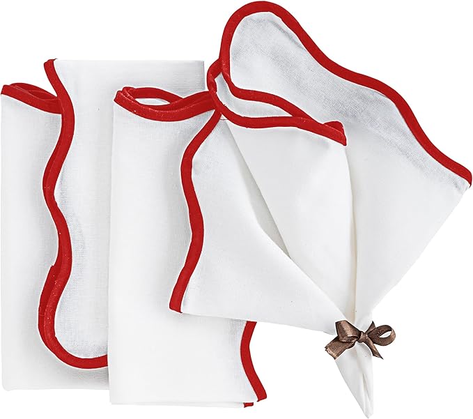 Red Scallop Cloth Napkins, 100% Cotton Elegant Dinner Napkins for Wedding & Home Décor, Reusable Washable Fabric Napkin Set of 4, Red Wavy Border Table Napkins for Parties, Holiday & Daily Use 18x18