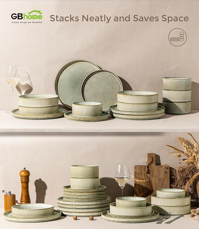 GBHOME 12-Piece Stoneware Dinnerware Set for 4 – Ribbed Ceramic Plates and Bowls, Scratch-Resistant, Microwave & Dishwasher Safe, Reactive Glaze, Desert Sage