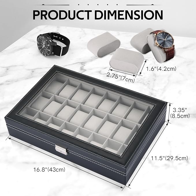 MYFULLY 24 Slot Watch Box, Lockable Watch Storage Organizer with Removable Pillows for Men and Women, Portable Watch Display Case with Gray Lining for Travel, Collection and Jewelry Storage