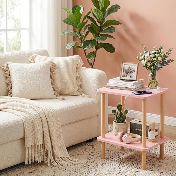 FORAOFUR Side Table with Charging Station, Small Side Table with 2 USB Ports and Outlets, End Tables for Small Spaces in Living Room, Bedroom & Nursery, 2 Tier Nightstand