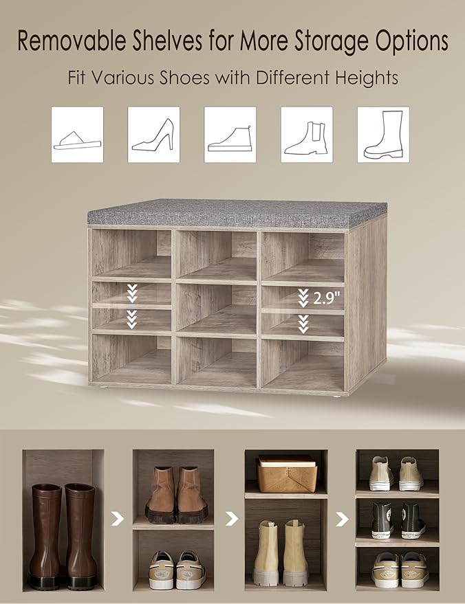 DINZI LVJ Shoe Bench, 9 Cubbies Shoe Organizer for Entryway, Storage Bench with Cushion, Cubby Shoe Rack with Adjustable Shelves for Living Room, Bedroom, Mudroom, Hallway, Greige