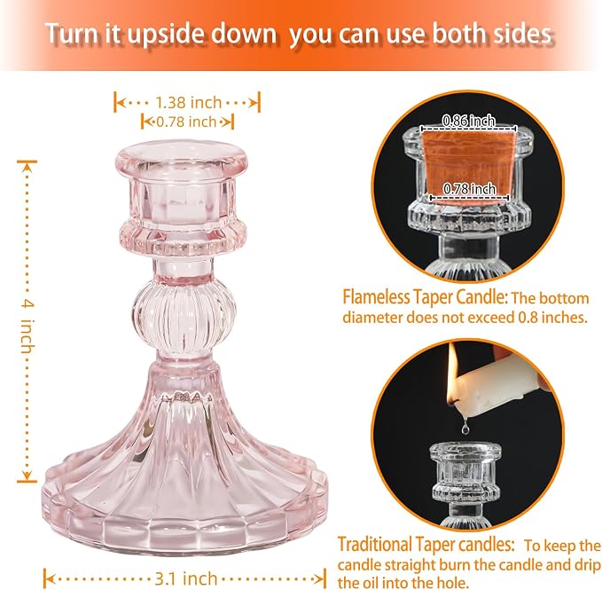Glass Candlestick Holder,Striped Taper Candle Holders,Set of 6 Candle Stand for Table Centerpieces, Home Decor,Weddings,Festival and Parties (Light Pink Stripe)