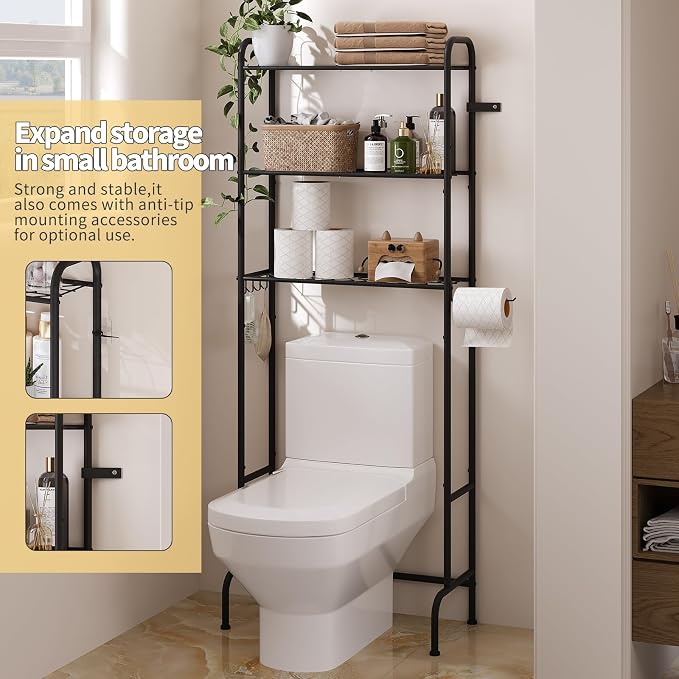 Over The Toilet Storage,3-Tier Heavy Duty Metal Bathroom Organizer, Freestanding Space Saver with Wide Shelves for Towels & Toilet Paper (Black)