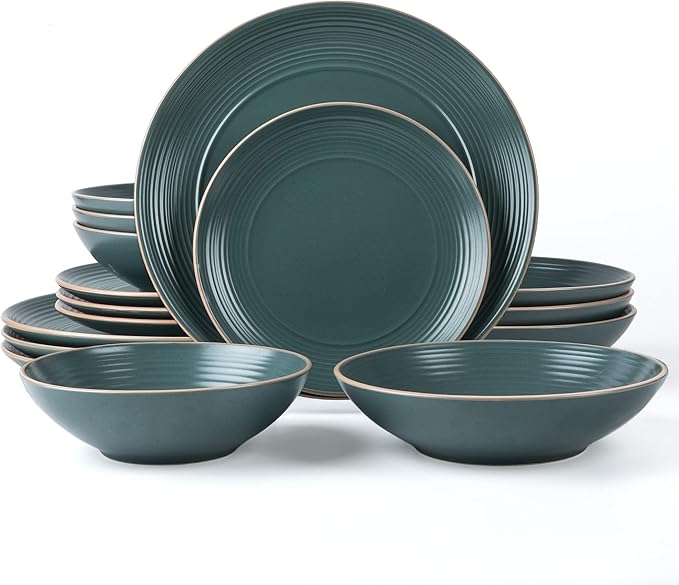 Arora RINGAR Round Stoneware 16pc Double Bowl Dinnerware Set for 4, Dinner Plates, Side Plates, Cereal Bowls, Pasta Bowls - Speckle Matte Green (431952)