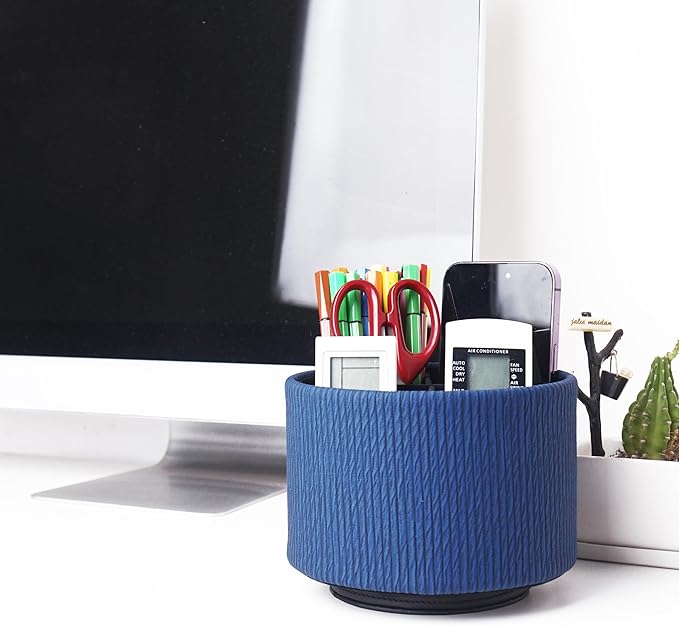Round Leather Art Supply Organizer,Remote Control Holder,360 Degree Spinning,Multi-Functional Pencil Holder,4 Compartments Desktop Stationary Organizer(1-Vertical Wood Blue)