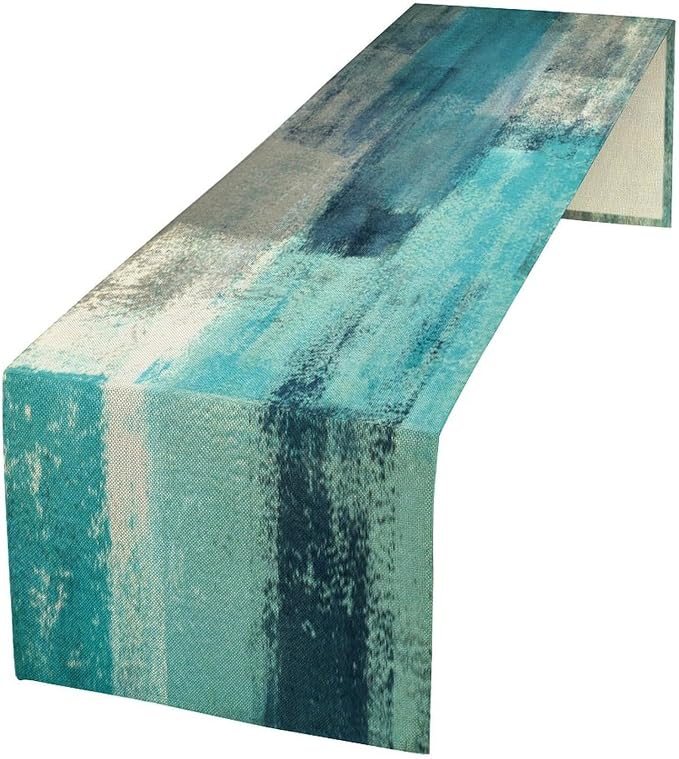 Teal Peacock Blue Abstract Art Contemporary Table Runner,Modern Neutral Decorative Pattern Table Runner for Coffee Table Dining Room Table Bedroom Party Holiday Decor 13x36inch
