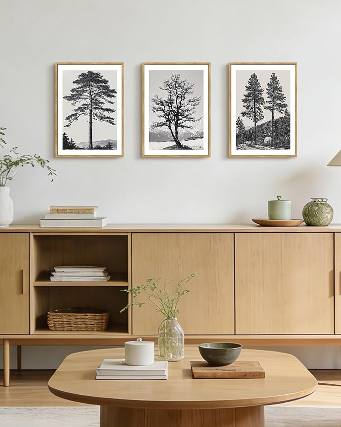 KUVIOKE Vintage Black Gray Forest Wall Art Framed Antique Retro Tree Prints Modern Rustic Artwork Bedroom Living Room Ready to Hang 12x16in (Natural Framed)