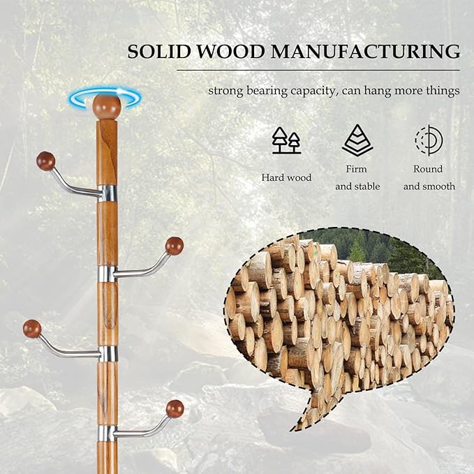 Wood Coat Rack Freestanding, Natural Coats Tree Stand with 14 Hooks, 73" Sturdy and Easy Assembly Coat Rack Stand for Entryway, Hallway, Bedroom, Bags, Hats (Metal Disc Base, Walnut Swivel Hook)