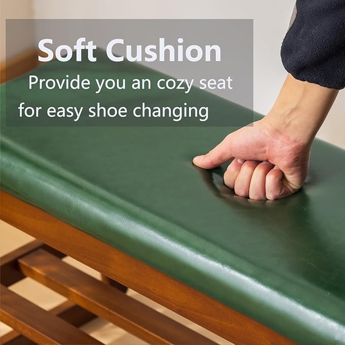 Shoe Bench with Storage - 2-Tier Entryway Bench, Solid Wood Shoe Rack with Cushion & Flip-Open Box, Mid-Century Modern for Hallway, Mudroom, Bedroom (Green, 31.5'')