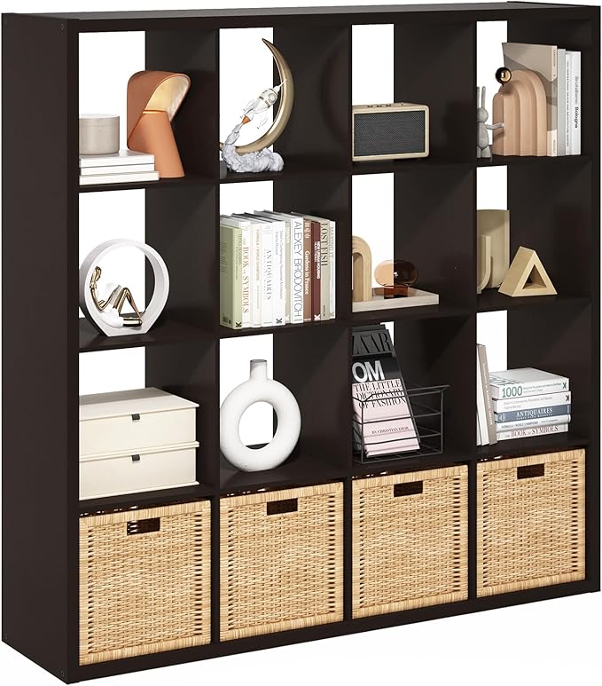 Furinno Cubicle Book Shelf, 16-Cube Bookshelf, Extra Thick Frame Reversible Bookcase with Open Back, 14.6" x 58" x 58", for Living Room, Bedroom, Home Office, Black Dark Oak
