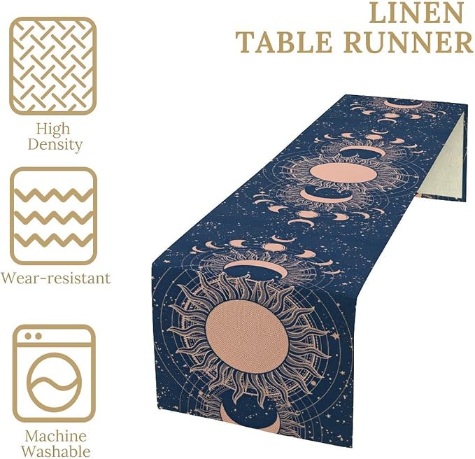 Moon Sun Table Runner, Mystical Blue Space Galaxy Moon Phase Boho Astrology Table Decoration Runner for Kitchen Dining Party Wedding Picnic, 13x120 Inch