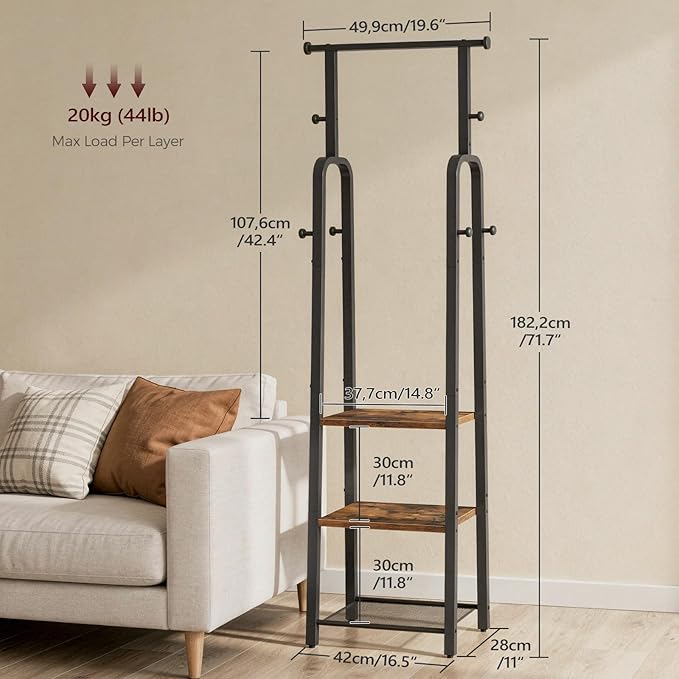 MAHANCRIS Coat Rack Freestanding, Hall Tree with 3-Shelves and 8 Hooks, Industrial Clothes Rack Stand Organizer for Entryway, Bedroom, Bags, Hats, Scarves, Rustic Brown and Black CRHR14901