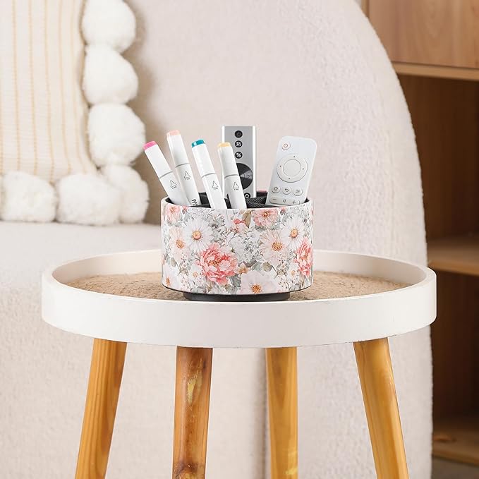 Spinning Remote Caddy for Table, 360 Degree Rotating Desk Organizer and TV Remote Holder, Decorative PU Leather Storage Basket for Bedside, Coffee Table, and Office Stationery, Peony PH128
