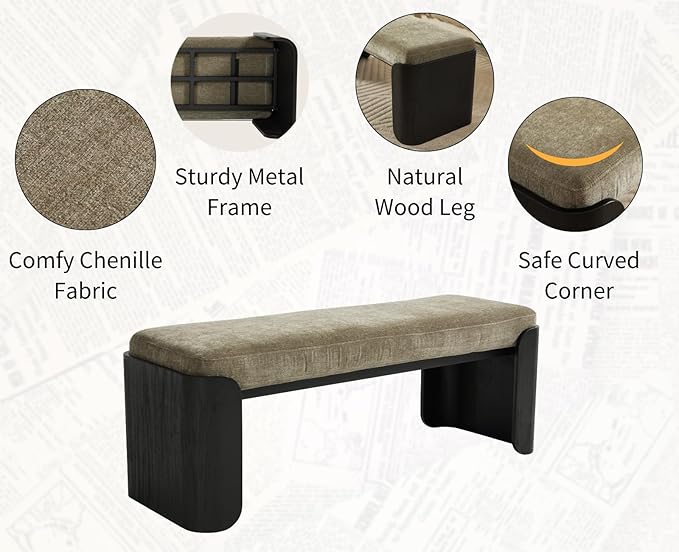 Shunzhi Modern Upholstered Entryway Bench for Bedroom 49” End of Bed Bench with Black Wood Leg Window Ottoman Bench for Living Room/Bedroom/Hallway/Indoor, Green Chenille
