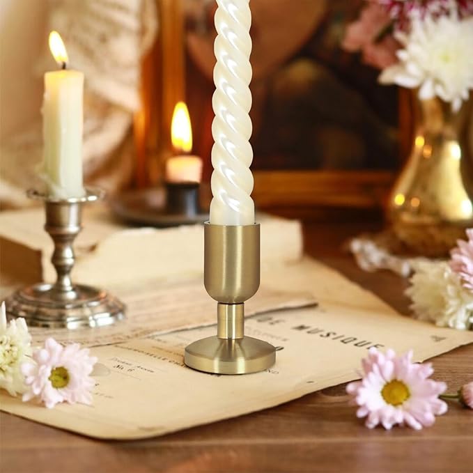 SHOHAYTO Vintage Gold Taper Candle Holders Set of 4, Gold Candle Stick Holders for Dining Table, Wedding Centerpiece, or Festive Mantel Decor