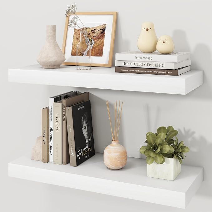White Floating Shelves for Wall, 9.3" Deep Wall Mounted Wood Shelves for Bathroom, Bedroom, Living Room, Kitchen, Hanging Shelf for Books/Storage/Room Decor (White, 24")