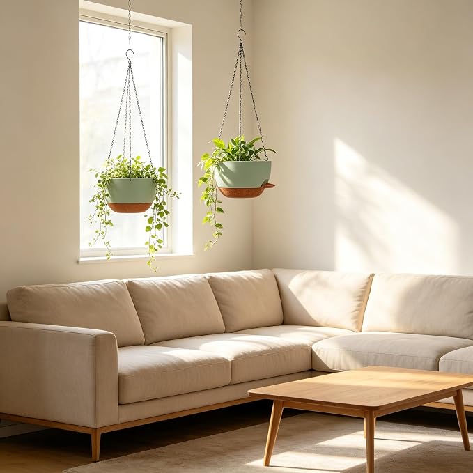 Set of 4-8 Inch Self Watering Hanging Planters for Indoor Outdoor，Hanging Plant Pots with Drainage & Removable Tray, Hanging Pots Holder for Ivy, Pothos, Ferns, Balcony & Patio, Green Brown