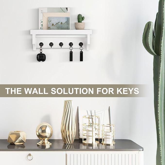 Key and Mail Holder Wall Mount, Key Holder with Shelf and Mail Organizer Wall Mount. Mail Holder with 5 Hooks for Coat, Dog Leash, Home Decor Rack, Entry Way Organizer (White)