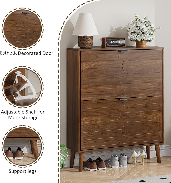 Shoe Cabinet Storage for Entryway with 2 Flip Drawers, Narrow Shoe Cabinet with Black Handles for Entryway, Hidden Slim Shoe Organizer Rack, 31.5" w x 9.45" D x 39" H