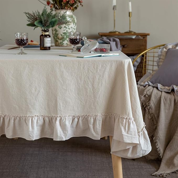 GLORY SEASON Retro Farmhouse Ruffle Tablecloth Cotton Flounces Trim Washable Table Cover Tablecloths for Rectangle Table Baby Shower Kitchen Party Wedding Decor,60''x120''