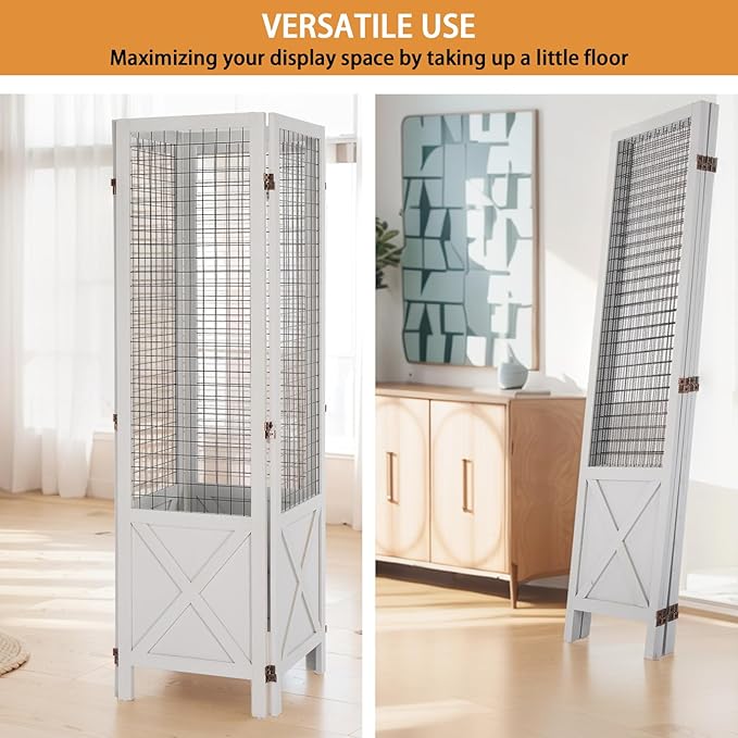 VINGLI Room Divider Freestanding Gridwall, 4 Panel Folding Display Board Organizer with Base Feet, Decorative Wooden Frame Wire Grid Screens for Craft Shows Events Retail (White, 5.5'×6')