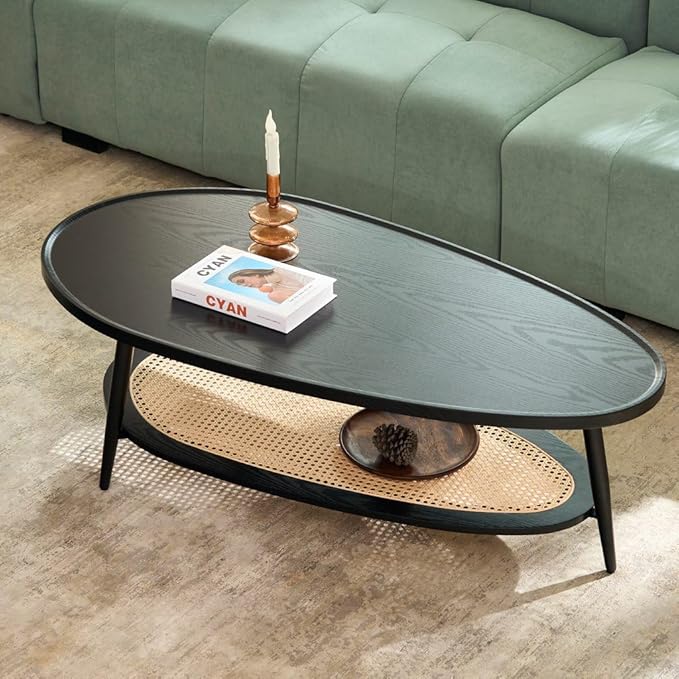 AGV LIGHTING Oval Coffee Table with Storage Shelf, 47" Mid Century Modern Coffee Table for Living Room, Black Wood Finish MDF Top with Rattan Shelf