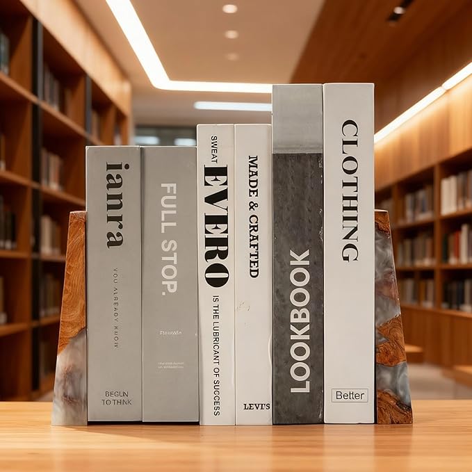 Resin Bookends Large Heavy Duty Bookends for Shelves, Unique Burl Wood Figure Book Ends for Study Office, Fancy Modern Decorative Book Supports for Bookshelf Organization (Pearlescent White)