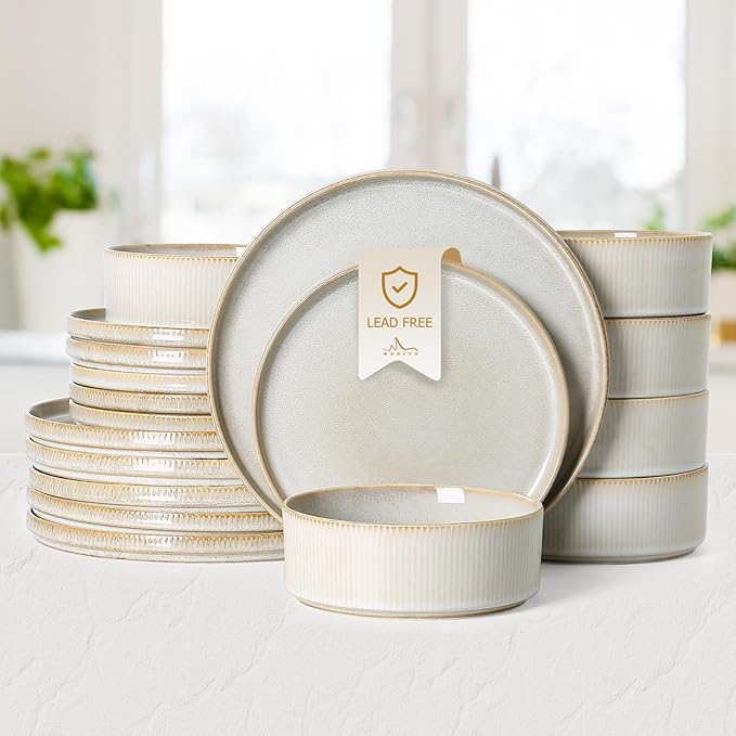 MONITO Ceramic Dinnerware Sets for 6, 18PCS Stoneware Plates and Bowls Sets, Reactive Glaze Dish Set, Chip and Scratch Resistant Double, Microwave and Dishwasher Safe, Beige
