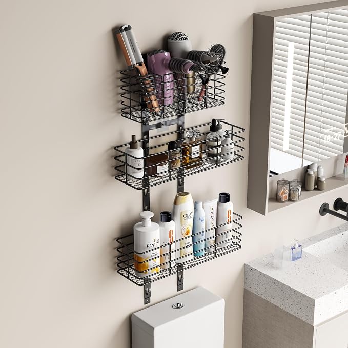 Yuyetuyo 5-Tier Over The Door Organizer Bathroom - Hair Dryer Holder - Hair Tool Organizer Adjustable Height, DIY Bathroom Storage Shelf Wall Mounted for Flat/Curling Irons, Straighteners, Skincare