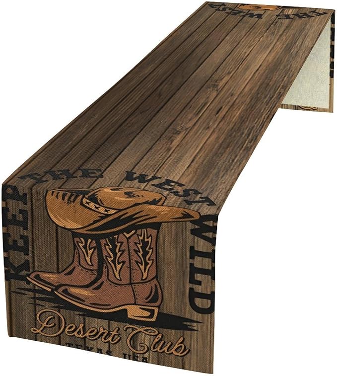 Rustic Western Table Runner, Wild West Cowboy Hat Boot Wooden Design Farmhouse Country Table Runner for Kitchen Dining Party, 13x90 Inch