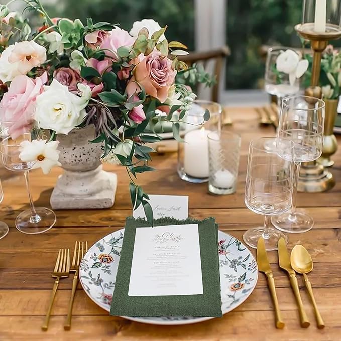 50 Pack Olive Green Napkins Cotton Linen Napkins Bulk 16 x 16 Inch Green Cloth Napkin with Fringe Rustic Handmade Washable Dinner Napkin Cloth for Wedding Party Bridal Shower