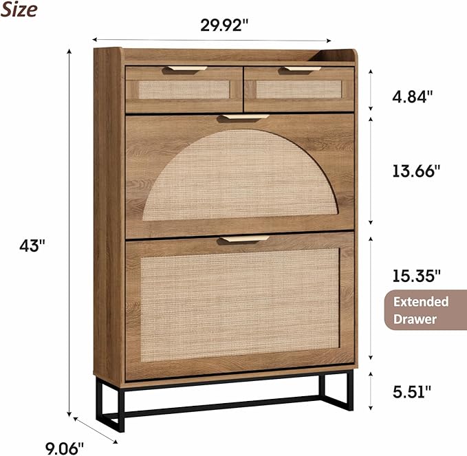 Fluted Shoe Cabinet Storage for Entryway – Narrow Shoe Rack with 2 Flip Drawers & 2 Storage Drawers, Freestanding Hidden Shoe Organizer for Foyer, Hallway (Rustic Oak Rattan)