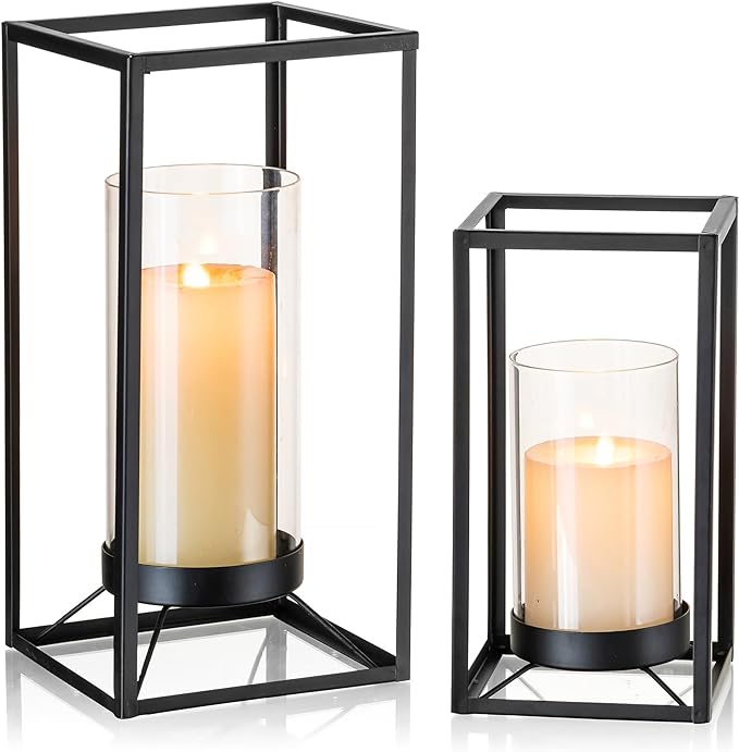 Black Lantern Decorative Indoor Set of 2: Glass Metal Hurricane Candle Holder Modern Farmhouse Lanterns Decor Outdoor for Table Centerpiece Fireplace Wedding