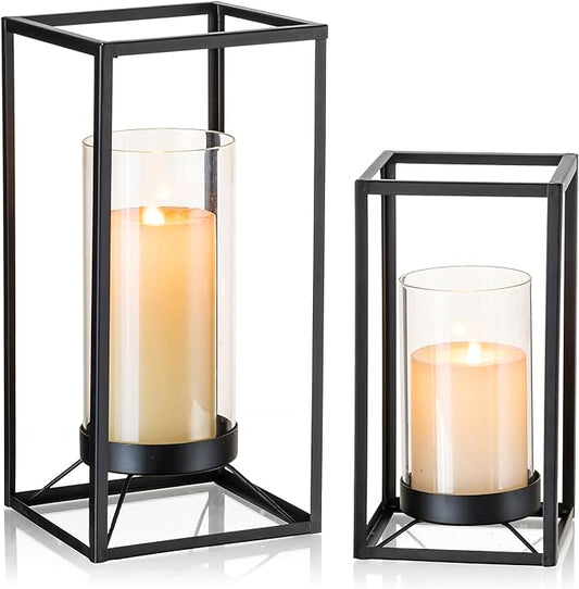 Black Lantern Decorative Indoor Set of 2: Glass Metal Hurricane Candle Holder Modern Farmhouse Lanterns Decor Outdoor for Table Centerpiece Fireplace Wedding