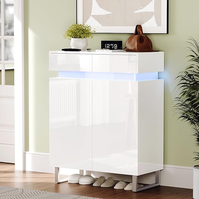 VINGLI Modern White Shoe Cabinet with LED Lights, High Gloss Entryway Shoe Storage Organizer with 2 Drawers & Adjustable Shelves, Freestanding Hidden Shoe Rack for 15+ Pairs, 30.7" W