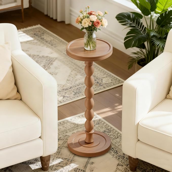 Solid Wood Drink Table, Rubber Wood‌ Small Round Side Table for Small Spaces, Martini Tables, Pedestal End Tables for Living Room, Bedroom, Corners, and Office (Light Walnut, 9.4 inch)