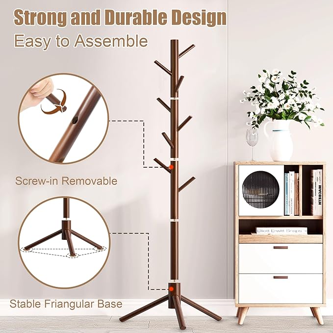 Aliphon Wooden Coat Rack Stand, Freestanding Coat Rack with 8 Hooks, 3 Adjustable Size Coat Tree for Hats, Coats, Scarves bags, Coat Hanger Stand Used in Bedroom/Office/Entryway （Brown）