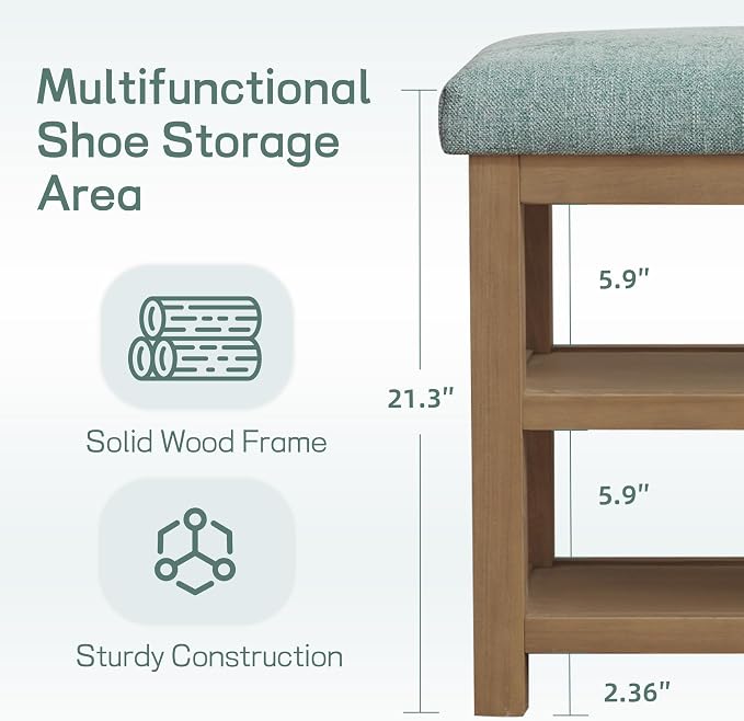 Zihanhome 2 Tier Shoe Rack Bench with Cushion, Solid Wood Shoe Benches, Mid-Century Modern Shoe Storage Bench for Entryway, Hallway, Living Room, Closet, Front Door Entrance, (Teal, 31.5")