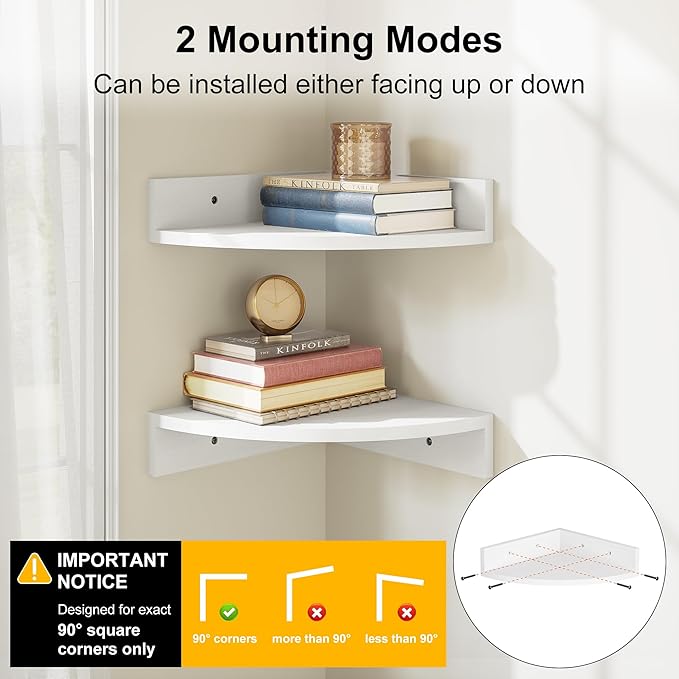 Alsonerbay White Corner Shelf Wall Mount, Set of 4 Floating Shelves for Storage and Display, Large Wooden Shelves for Bedroom, Living Room, Bathroom, Entryway, Garage