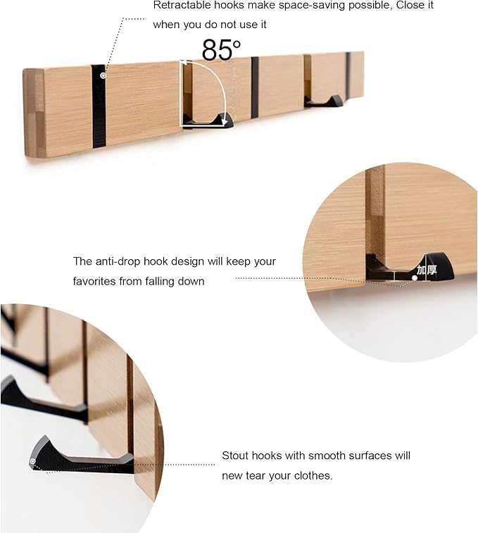 KYSMOTIC Modern Wood Coat Rack - 2 Pack - Wall Mounted - 4 Folding Hooks – Modern, Sleek Space-Saving - for Small Space
