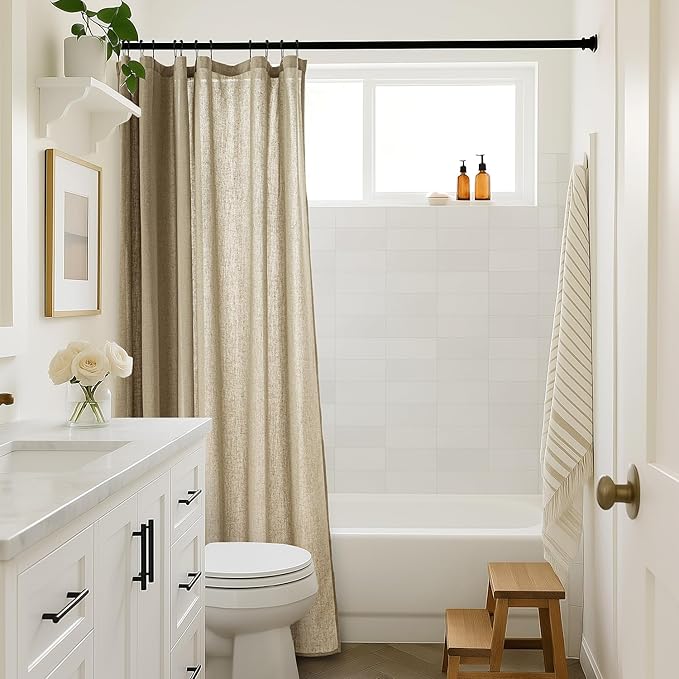 MIULEE Extra Long Linen Shower Curtain 90 Inches with 12 Metal Hooks Boho Farmhouse Heavy Buttonhole Fabric Shower Curtain Set Waterproof Thick Cloth Neutral Curtains for Bathroom W72*L90, Khaki