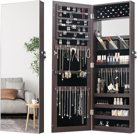 Full Length Mirror Jewelry Cabinet Organizer for Makeup and Jewelry, Lockable Door Wall-Mounted Jewelry Armoire with Shelves and Behind-the-Door Storage Rustic Brown