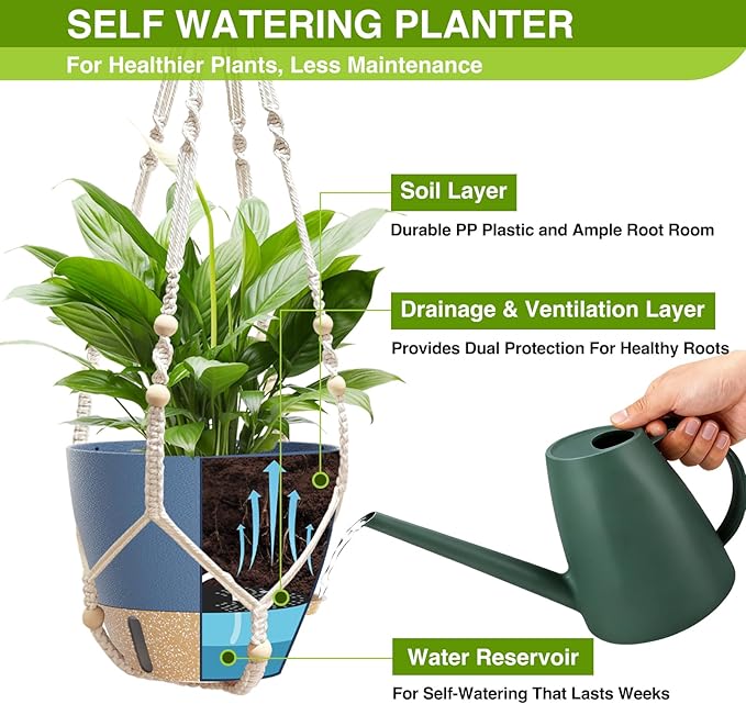 LEWESU Set of 2 Hanging Planters for Indoor Plants with Self Watering Includes Hanging Pots and 2 Types Plant Hangers, Outdoor Hanging Baskets Holder for Home Garden, 10 Inch Aegean Blue
