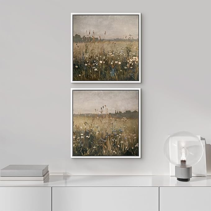 SIGNFORD Framed Canvas Print Wall Art Set Wildflower Field Landscape Meadow Floral Illustrations Modern Art Minimal Relax/Calm for Living Room, Bedroom, Office - 24"x24"x2 White