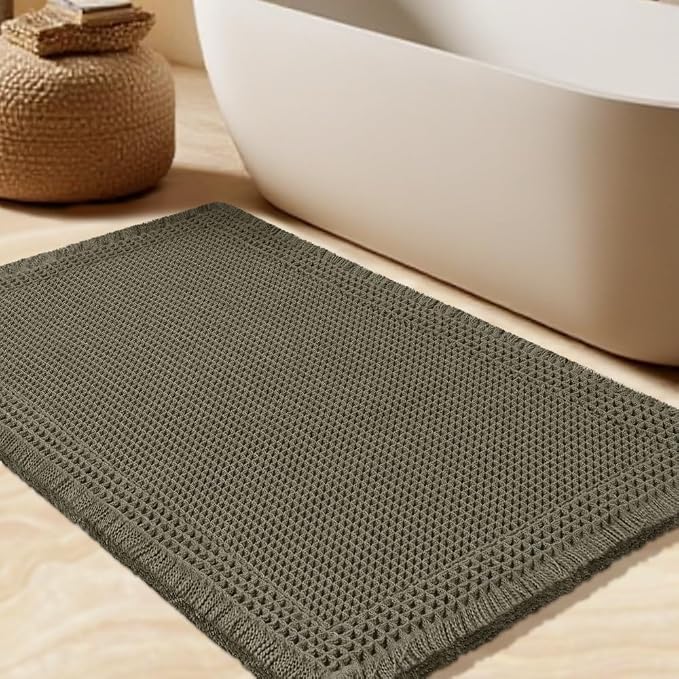 Upgrade Waffle Bath Mat, 32"x20" Greyish Green, Boho Bathroom Rugs Absorbent Non Slip, Ultra Soft Bathroom Mat, Machine Washable Knit Bath Rugs with Border for Bathroom, Bedroom, Kitchen, Shower