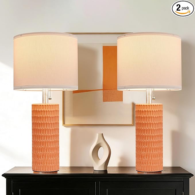 Reaketon Table Lamps for Living Room Set of 2, Ceramic Table Lamps for Bedroom, 20" Modern Lamps for Night Stands, Orange
