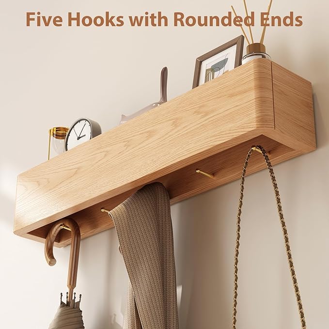 CycleCrew Solid Wood Wall Mounted Coat Rack with Shelf Hooks - Modern Floating Shelves with 5 Hidden Hooks, Heavy Duty Entryway Coat Key Holder Hanger for Hallway Bathroom Bedroom Home Decor